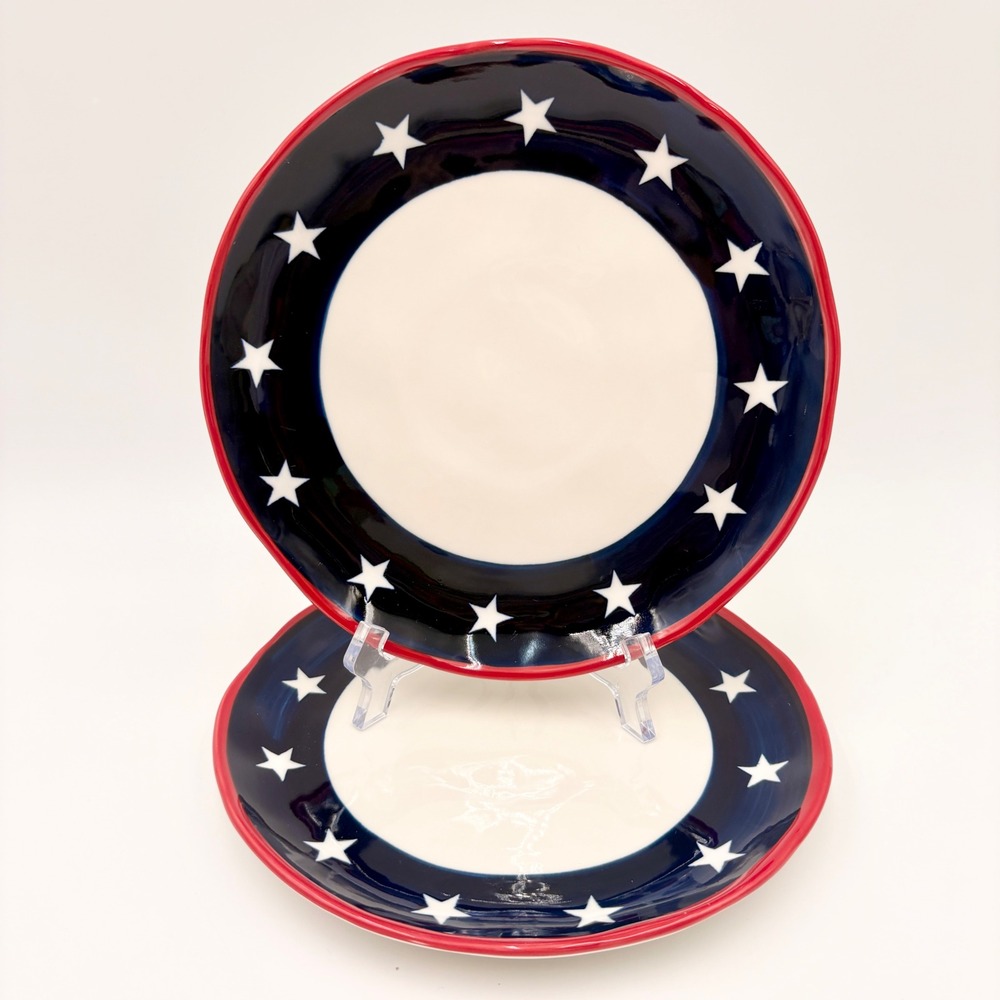 Yedi Houseware Patriotic Stars Stripes Salad Dessert Plates Set of 2 Navy Red